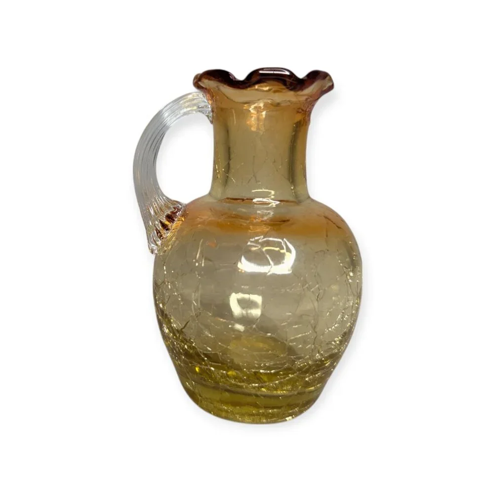 Pilgrim Honey Amber Crackle Glass Vase w/Applied Handle Ruffled Rim 4